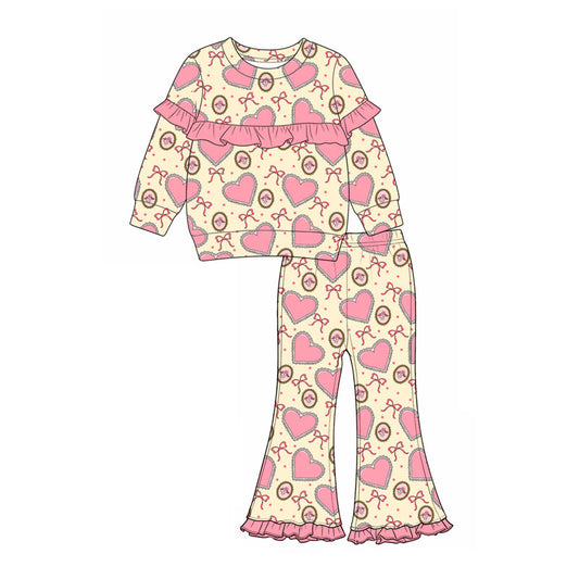 Preorder moq 5 Baby Girls Bows Hearts Top Bell Bottom Pant Valentines Clothes Set