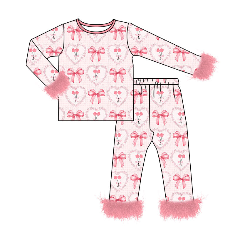Preorder moq 5 Baby Girls Pink Bows Flowers Top Pant Fur Sleeves Pajamas Set
