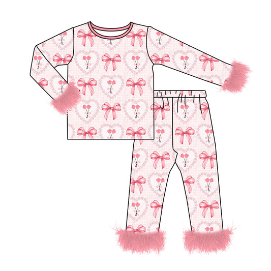 Preorder moq 5 Baby Girls Pink Bows Flowers Top Pant Fur Sleeves Pajamas Set