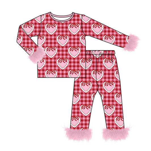 Preorder moq 5 Baby Girls Pink Checked Bow Hearts Top Pant Fur Sleeves Valentines Pajamas Set
