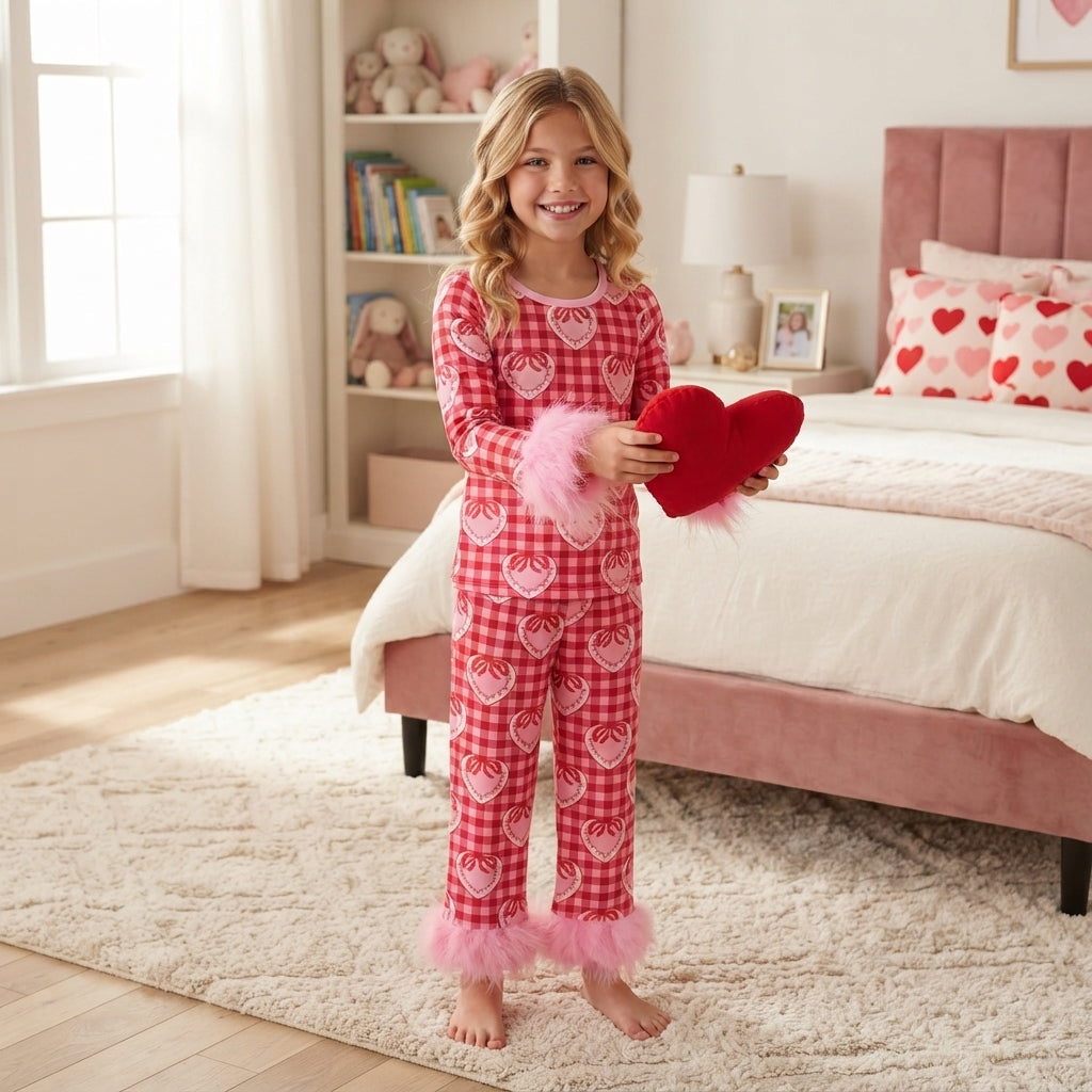 Baby Girls Pink Checked Bow Hearts Top Pant Fur Sleeves Valentines Pajamas Set