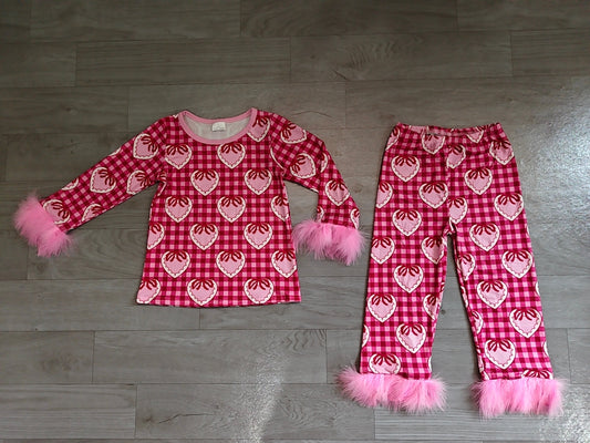 Baby Girls Pink Checked Bow Hearts Top Pant Fur Sleeves Valentines Pajamas Set