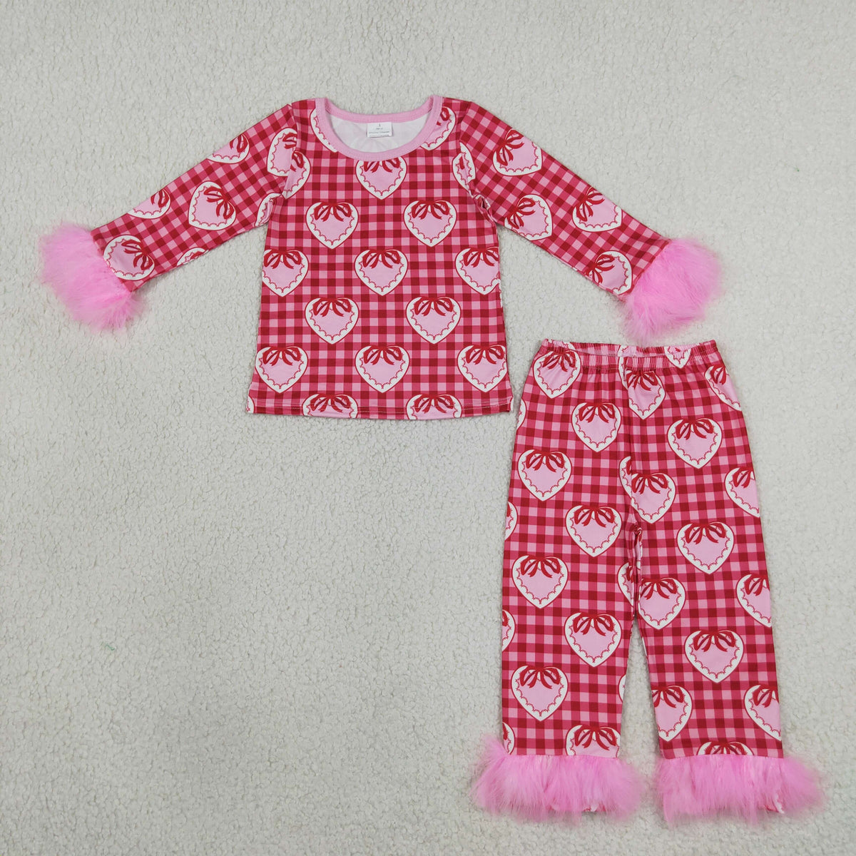 Baby Girls Pink Checked Bow Hearts Top Pant Fur Sleeves Valentines Pajamas Set