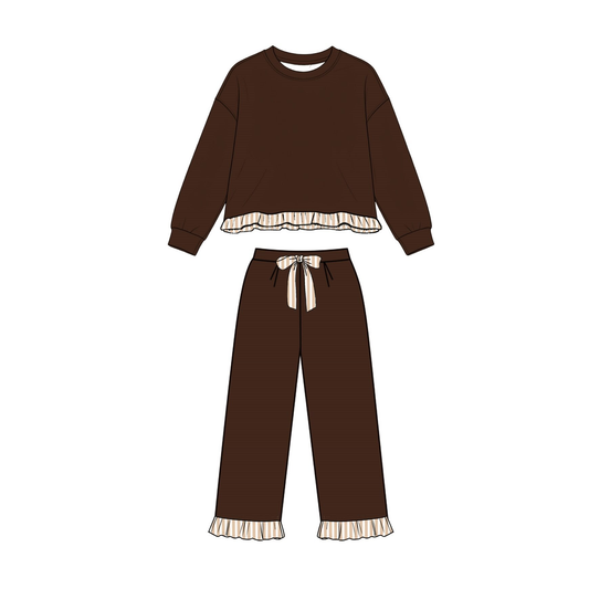Preorder moq 5 Baby Girls Brown Long Sleeve Top Ruffle Pant Sweatshirt Clothes Set