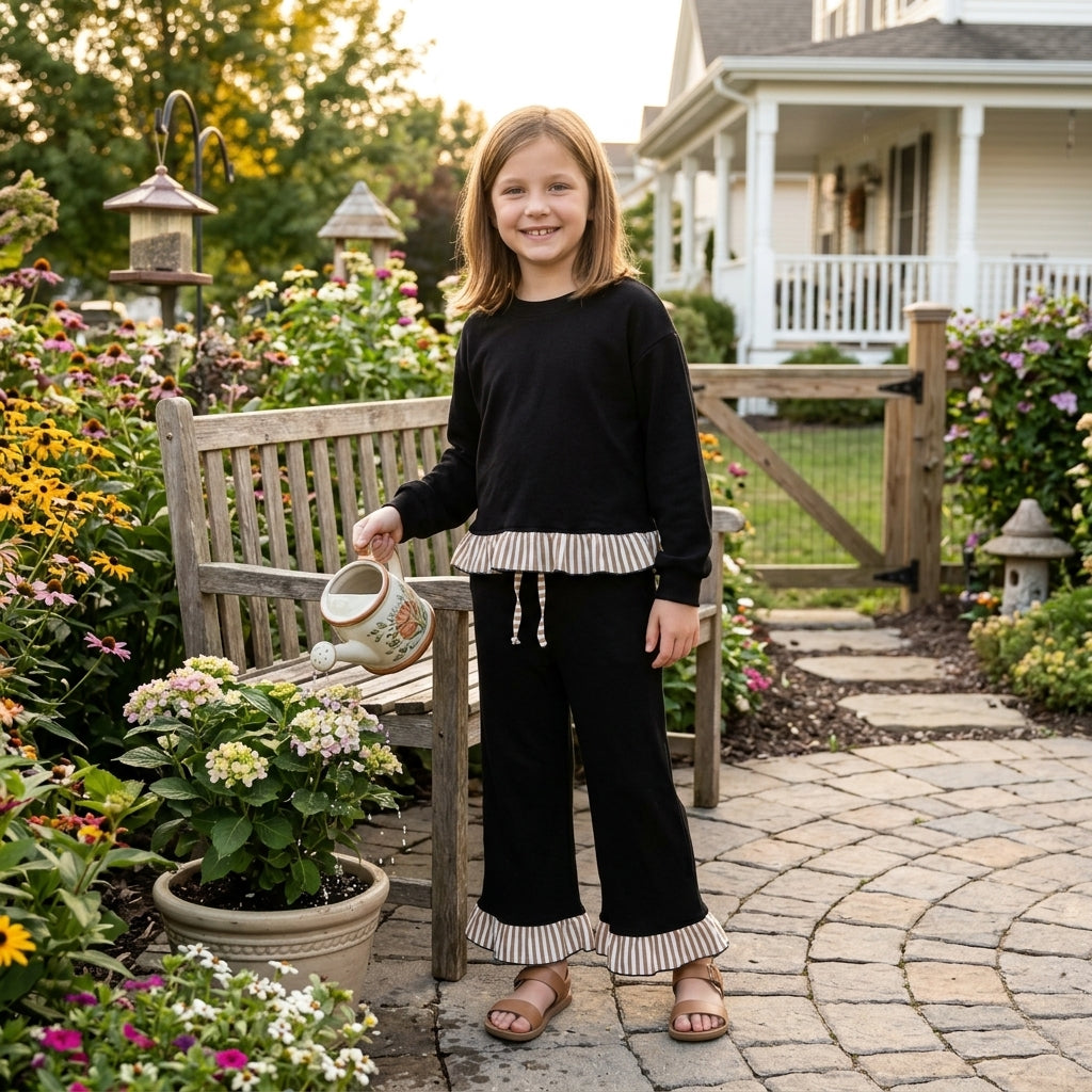 Baby Girls Black Khaki Stripe Top Pockets Ruffle Pant Sweater Clothes Set