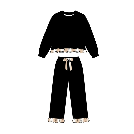 Preorder moq 5 Baby Girls Black Long Sleeve Top Ruffle Pant Sweatshirt Clothes Set