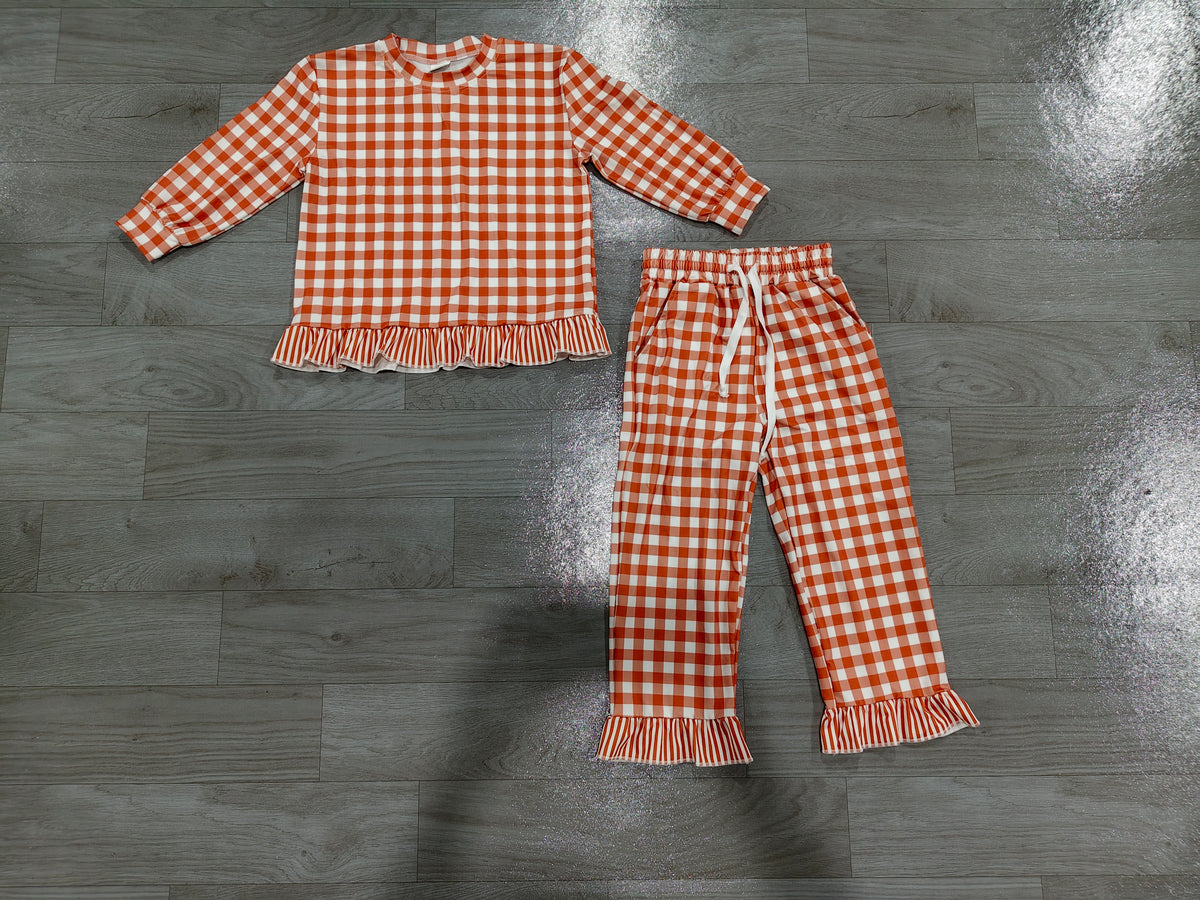 Baby Girls Orange Checked Top Pockets Ruffle Pant Clothes Set Preorder