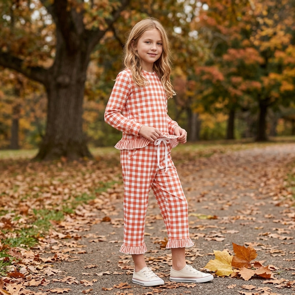 Baby Girls Orange Checked Top Pockets Ruffle Pant Clothes Set
