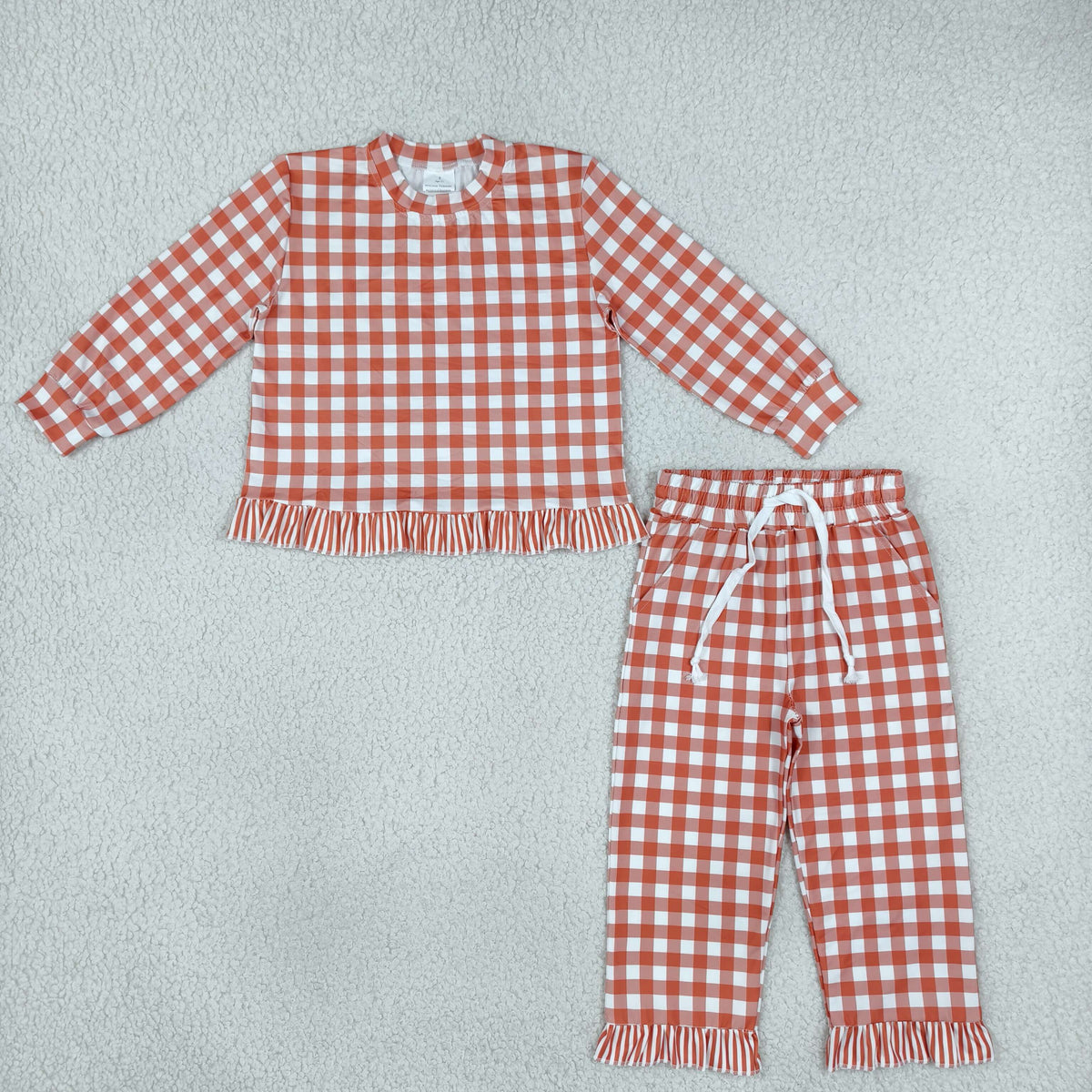 Baby Girls Orange Checked Top Pockets Ruffle Pant Clothes Set
