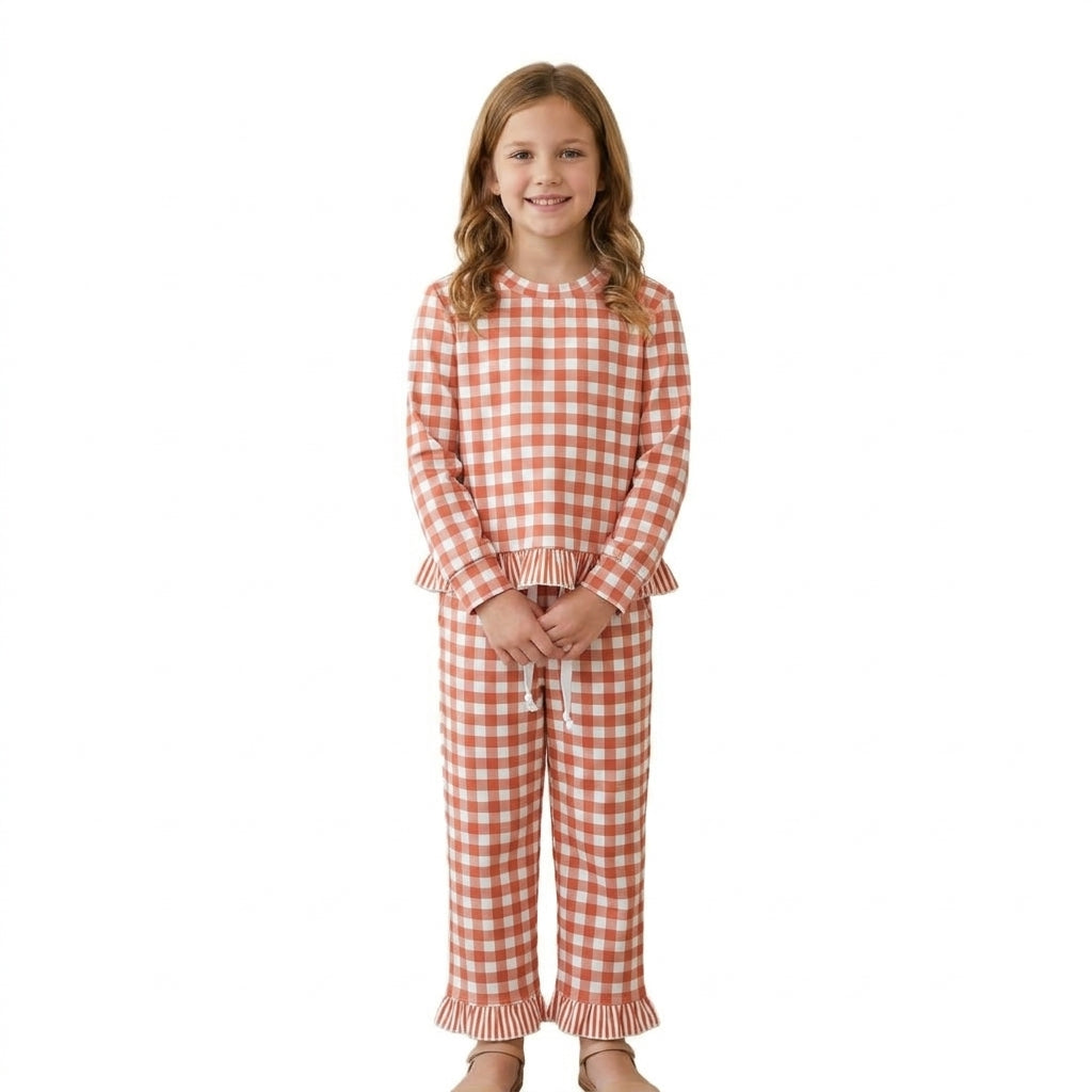 Baby Girls Orange Checked Top Pockets Ruffle Pant Clothes Set
