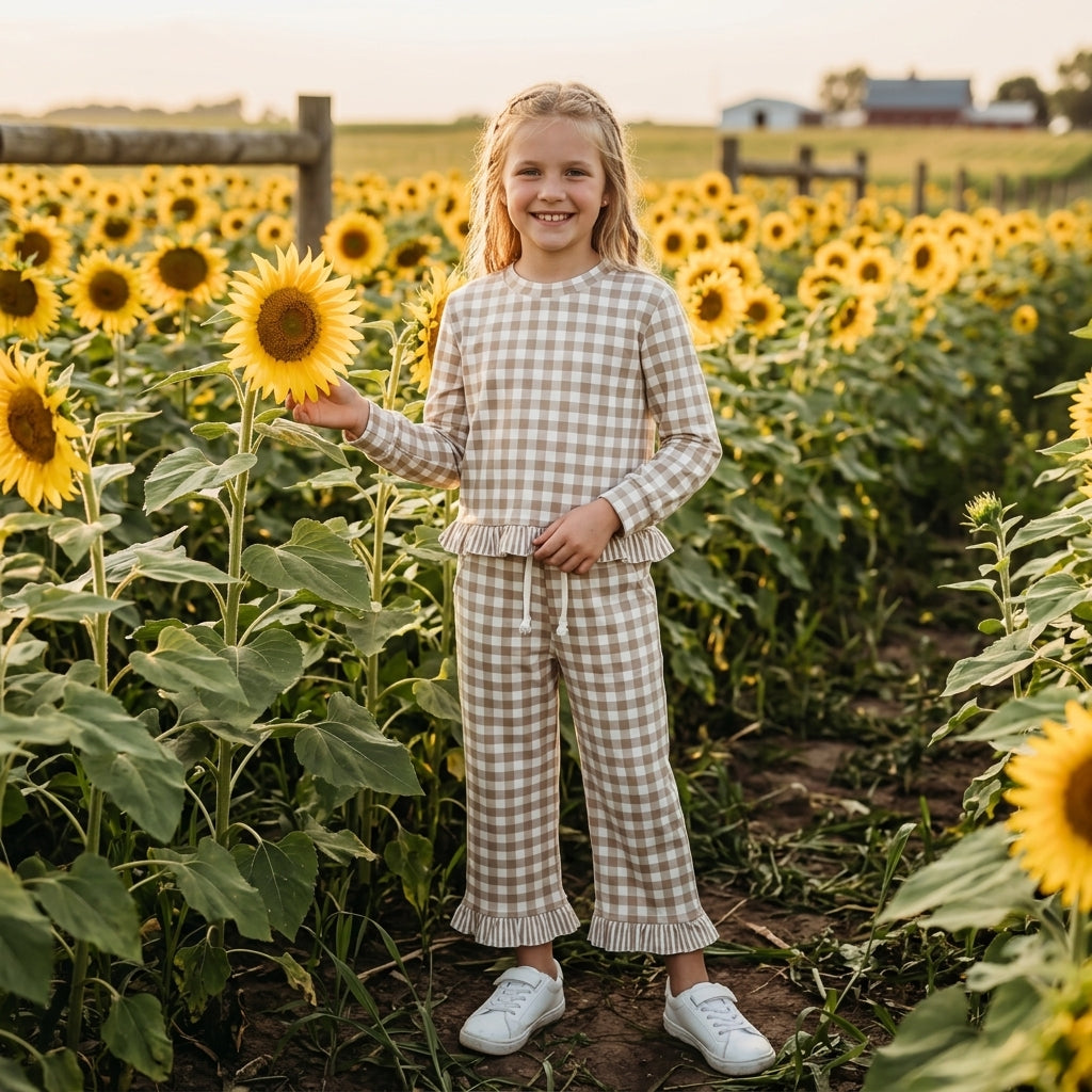 Baby Girls Long Sleeve Khaki Checked Top Pockets Ruffle Pant Clothes Set