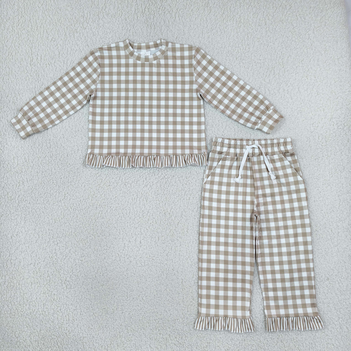 Baby Girls Long Sleeve Khaki Checked Top Pockets Ruffle Pant Clothes Set