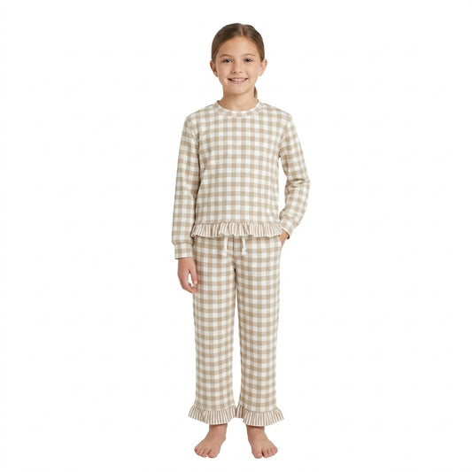 Baby Girls Long Sleeve Khaki Checked Top Pockets Ruffle Pant Clothes Set