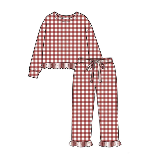 Preorder moq 5 Baby Girls Pink Checked Top Ruffle Pant Clothes Set
