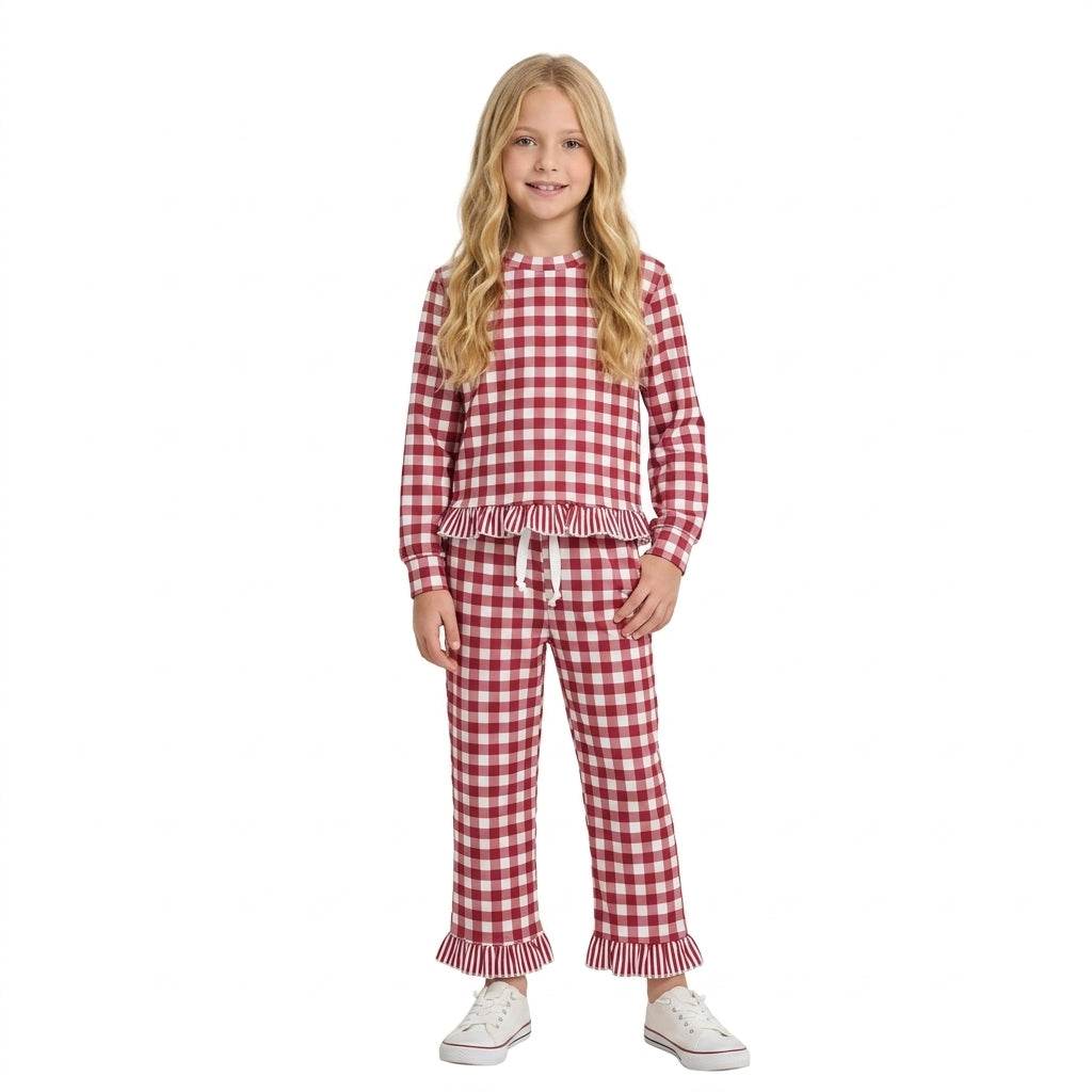 Baby Girls Long Sleeve Maroon Checked Top Pockets Ruffle Pant Clothes Set