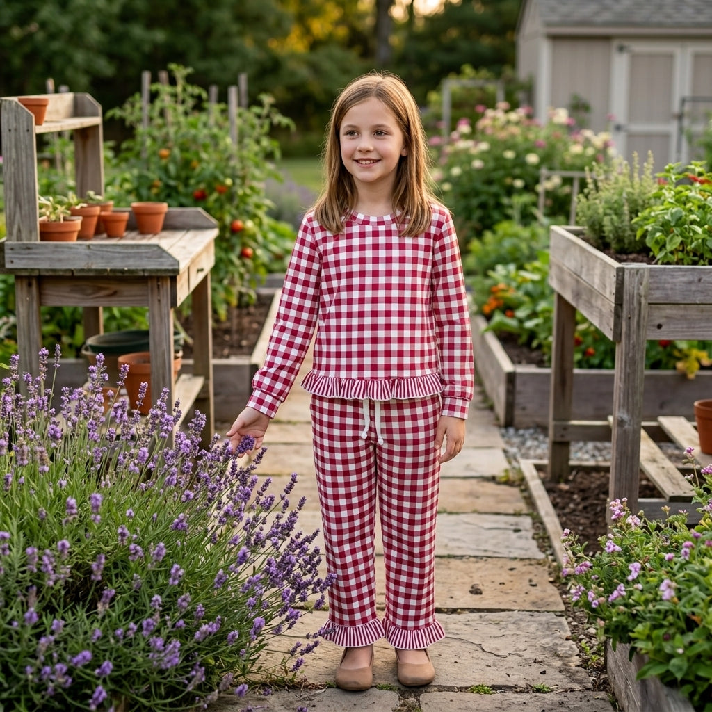 Baby Girls Long Sleeve Maroon Checked Top Pockets Ruffle Pant Clothes Set