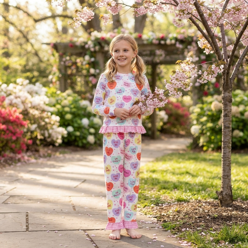 Baby Girls Sweet Hearts Top Pockets Ruffle Pant Valentines Clothes Set