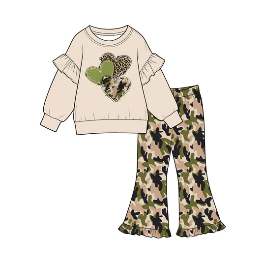 Preorder moq 5 Baby Girls Camo Leopard Hearts Top Bell Bottom Pant Valentines Clothes Set