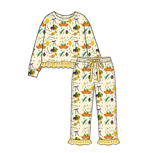 Preorder moq 5 Baby Girls Bows Masks Top Ruffle Pant Mardigras Clothes Set