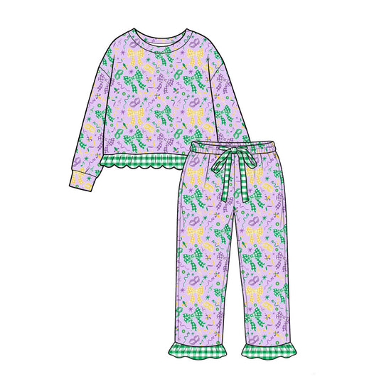 Preorder moq 5 Baby Girls Bows Masks Top Ruffle Pant Mardigras Clothes Set