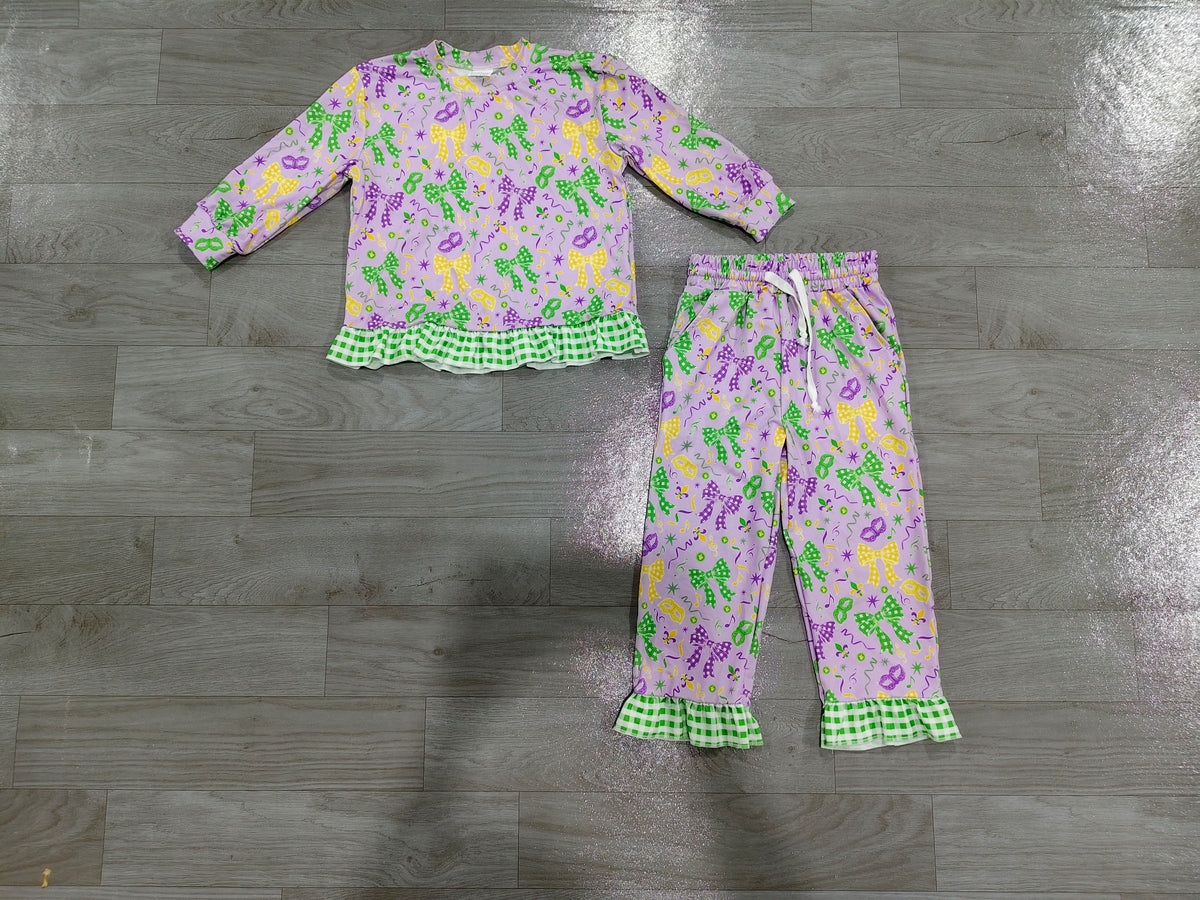 Baby Girls Bows Masks Top Pockets Ruffle Pant Mardigras Clothes Set Preorder