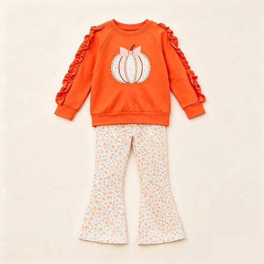 Preorder moq 5 Baby Girls Flowers Pumpkins Top Bell Bottom Pant Fall Clothes Set