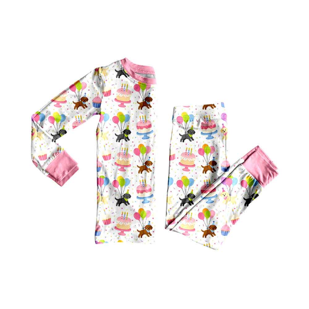 Preorder moq 5 Baby Girls Dogs Balloons Cakes Top Pant Happy Birthday Pajamas Set