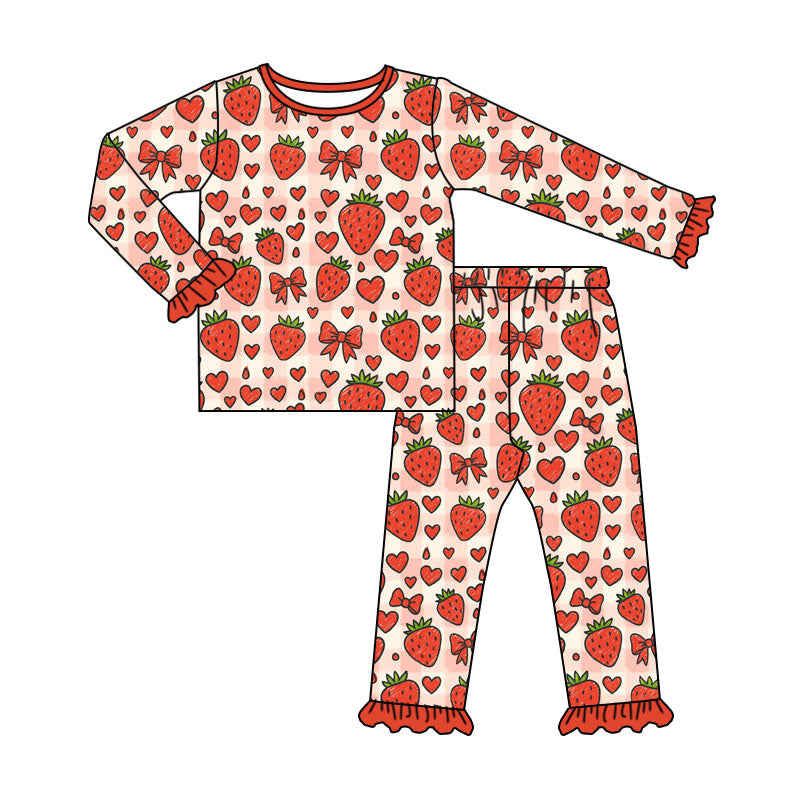 Preorder moq 5 Baby Girls Hearts Strawberry Bows Top Ruffle Pant Valentines Pajamas Set
