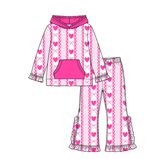 Preorder moq 5 Baby Girls Bows Hearts Stripe Pocket Hoodie Ruffle Pant Valentines Clothes Set