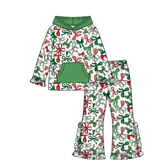 Preorder moq 5 Baby Girls Pink Red Bows Pocket Hoodie Ruffle Pant Christmas Clothes Set