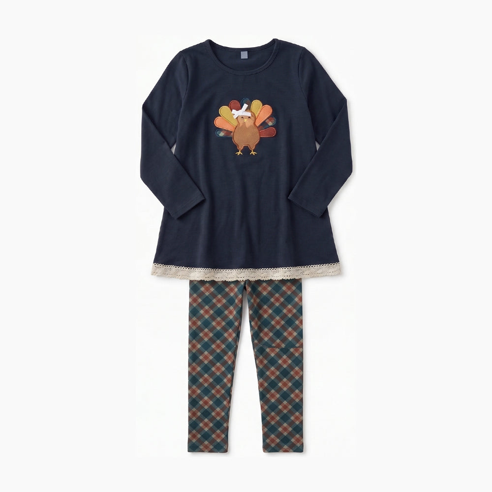 Preorder moq 5 Baby Girls Bow Turkey Tunic Checked Legging Thanksgivings Clothes Set