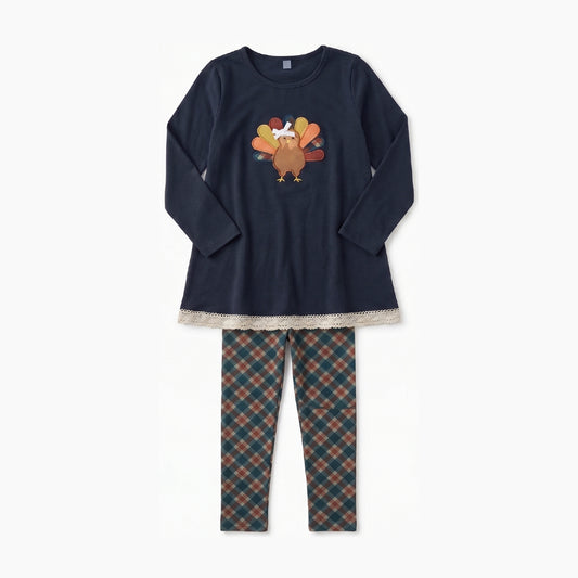 Preorder moq 5 Baby Girls Bow Turkey Tunic Checked Legging Thanksgivings Clothes Set