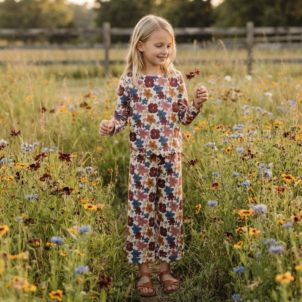 Baby Girls Colorful Flowers Top Pants Fall Scallop Clothes Sets