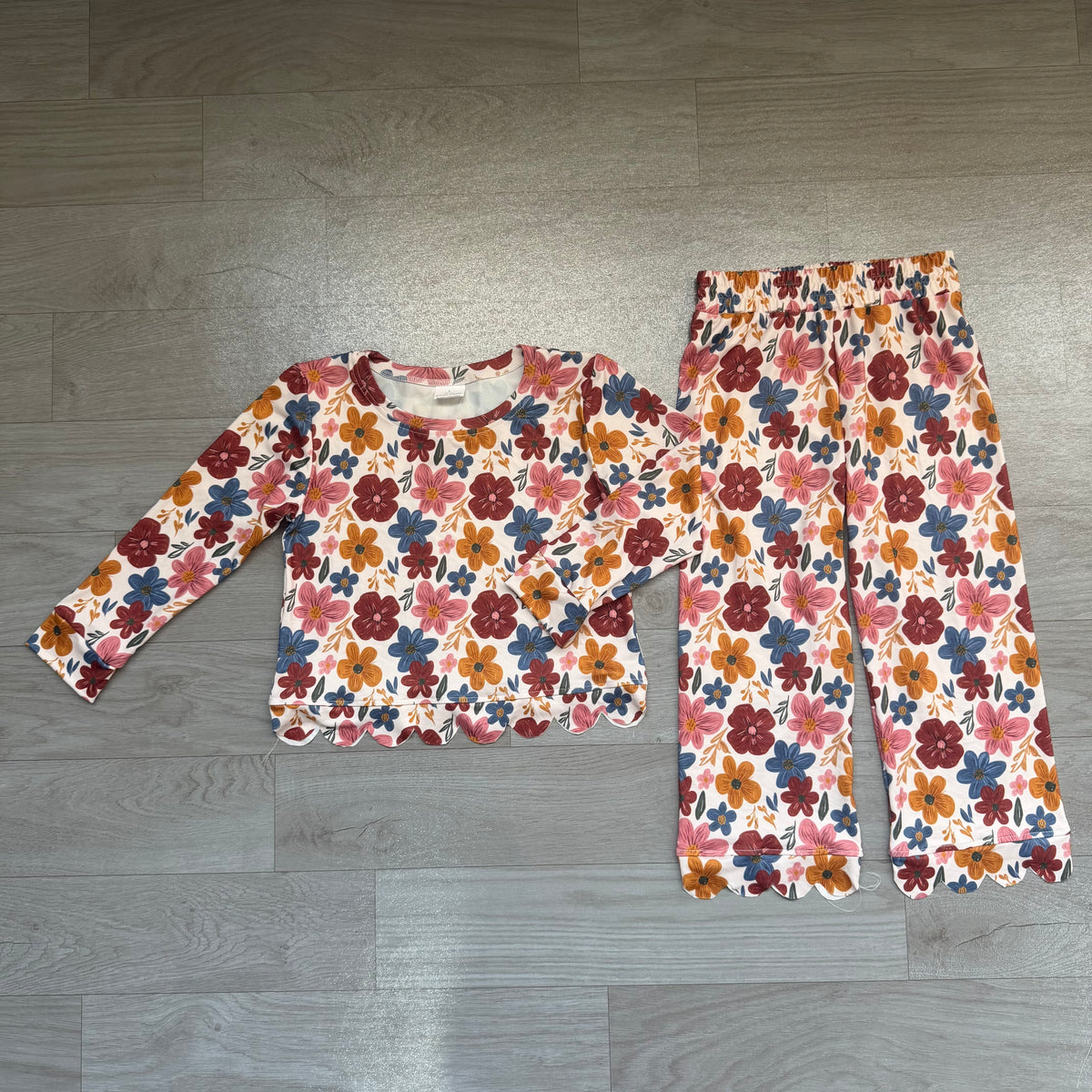Baby Girls Long Sleeve Colorful Flowers Top Pants Fall Scallop Clothes Set Preorder