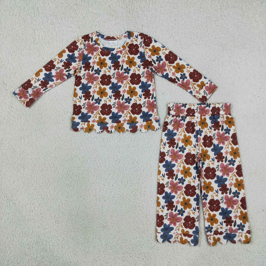 Baby Girls Colorful Flowers Top Pants Fall Scallop Clothes Sets