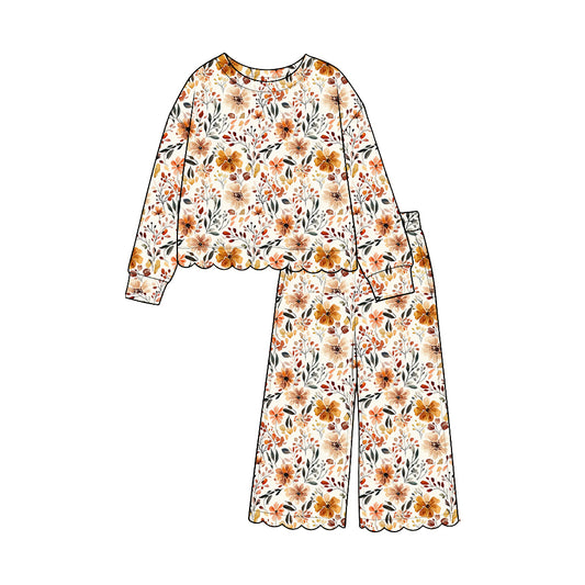 Preorder moq 5 Baby Girls Long Sleeve Colorful Flowers Top Pants Fall Scallop Clothes Set