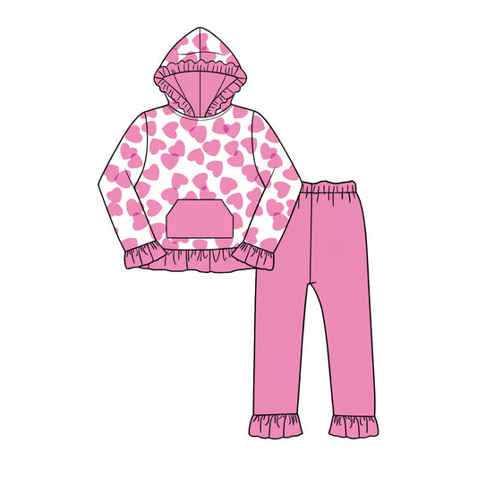 Preorder moq 5 Baby Girls Pink Hearts Ruffle Hoodie Pant Valentines Clothes Set