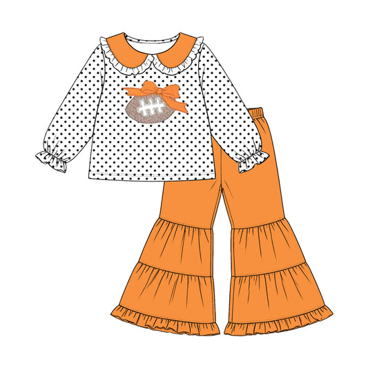 Preorder moq 5 Baby Girls Bow Footballs Polka Dots Collar Top Bell Bottom Team Clothes Set