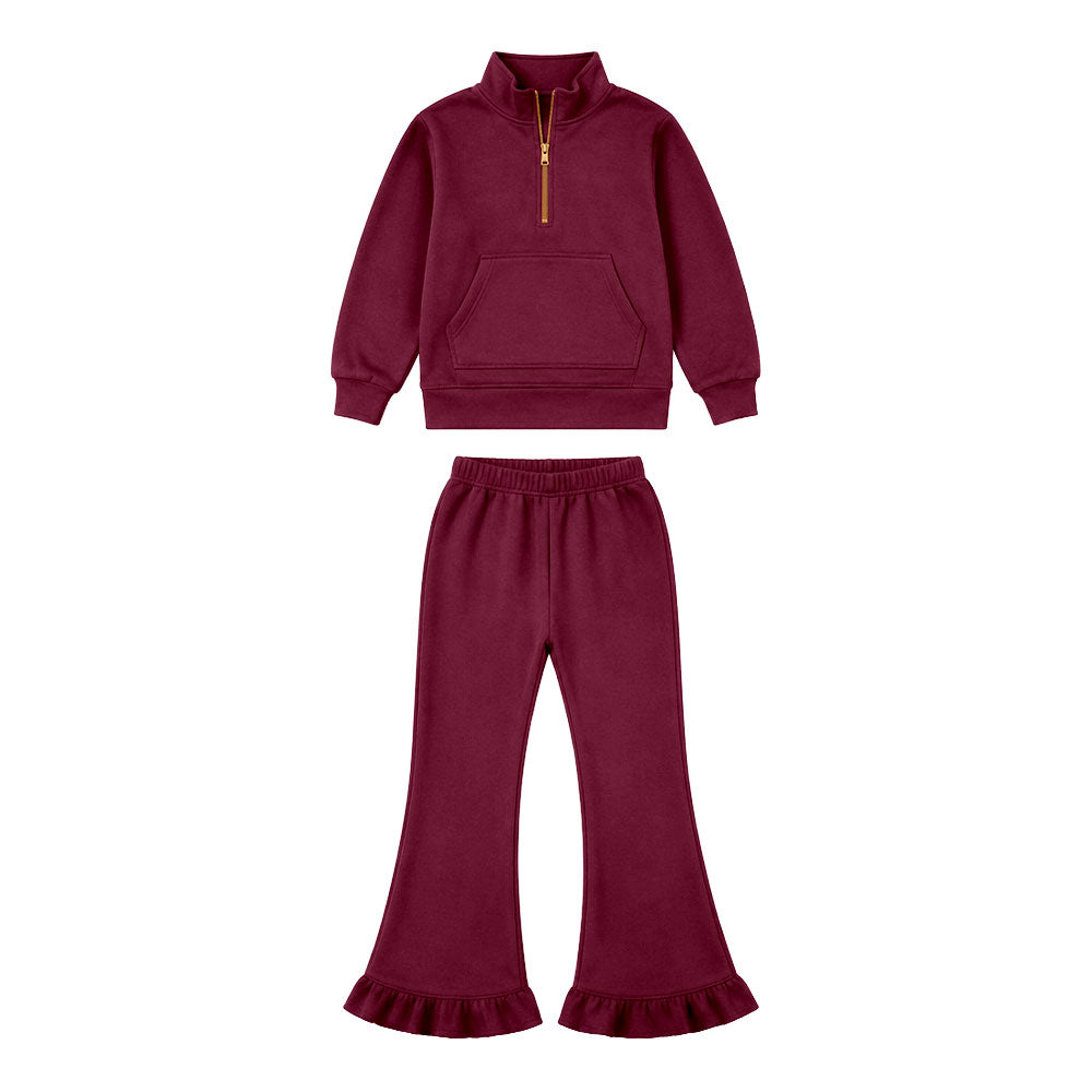 Preorder moq 5 Baby Girls Maroon Zip Pocket Pullovers Ruffle Pant Sweatshirt Clothes Set