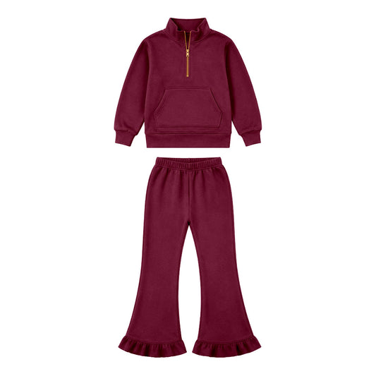 Preorder moq 5 Baby Girls Maroon Zip Pocket Pullovers Ruffle Pant Sweatshirt Clothes Set