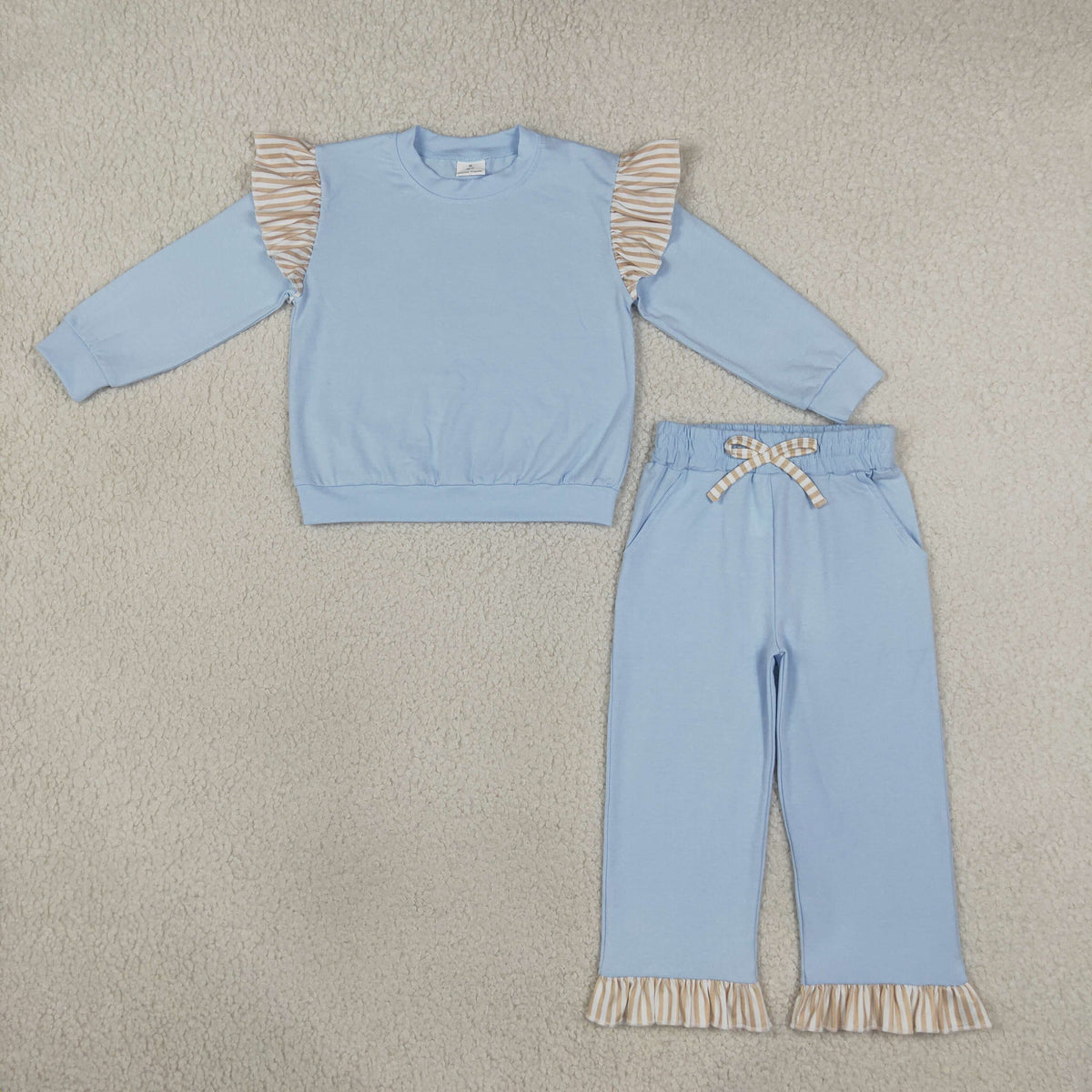 Baby Girls Light Blue Stripe Flutter Sleeve Top Pockets Ruffle Pant Clothes Set