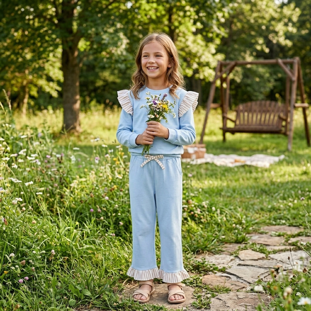 Baby Girls Light Blue Stripe Flutter Sleeve Top Pockets Ruffle Pant Clothes Set