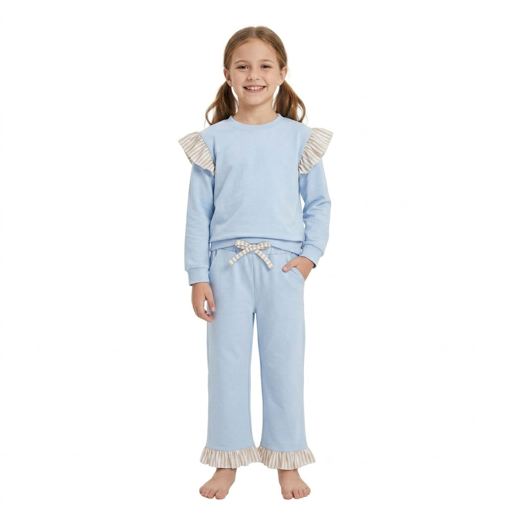 Baby Girls Light Blue Stripe Flutter Sleeve Top Pockets Ruffle Pant Clothes Set