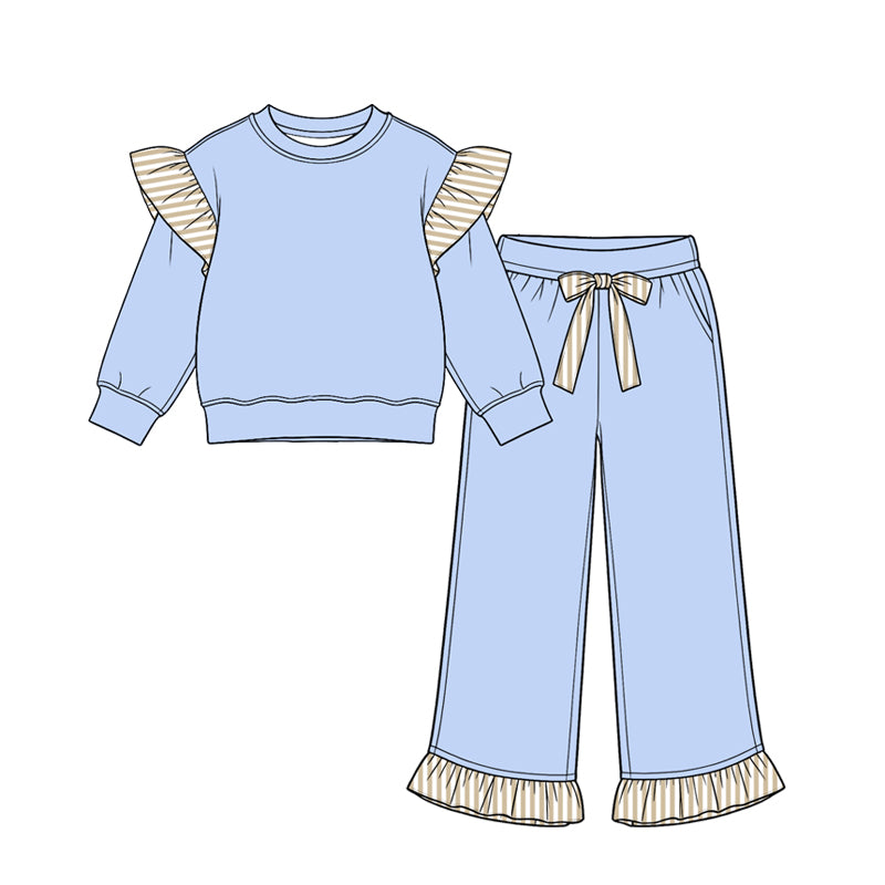 Preorder moq 5 Baby Girls Blue Stripe Flutter Sleeve Top Pockets Ruffle Pant Clothes Set