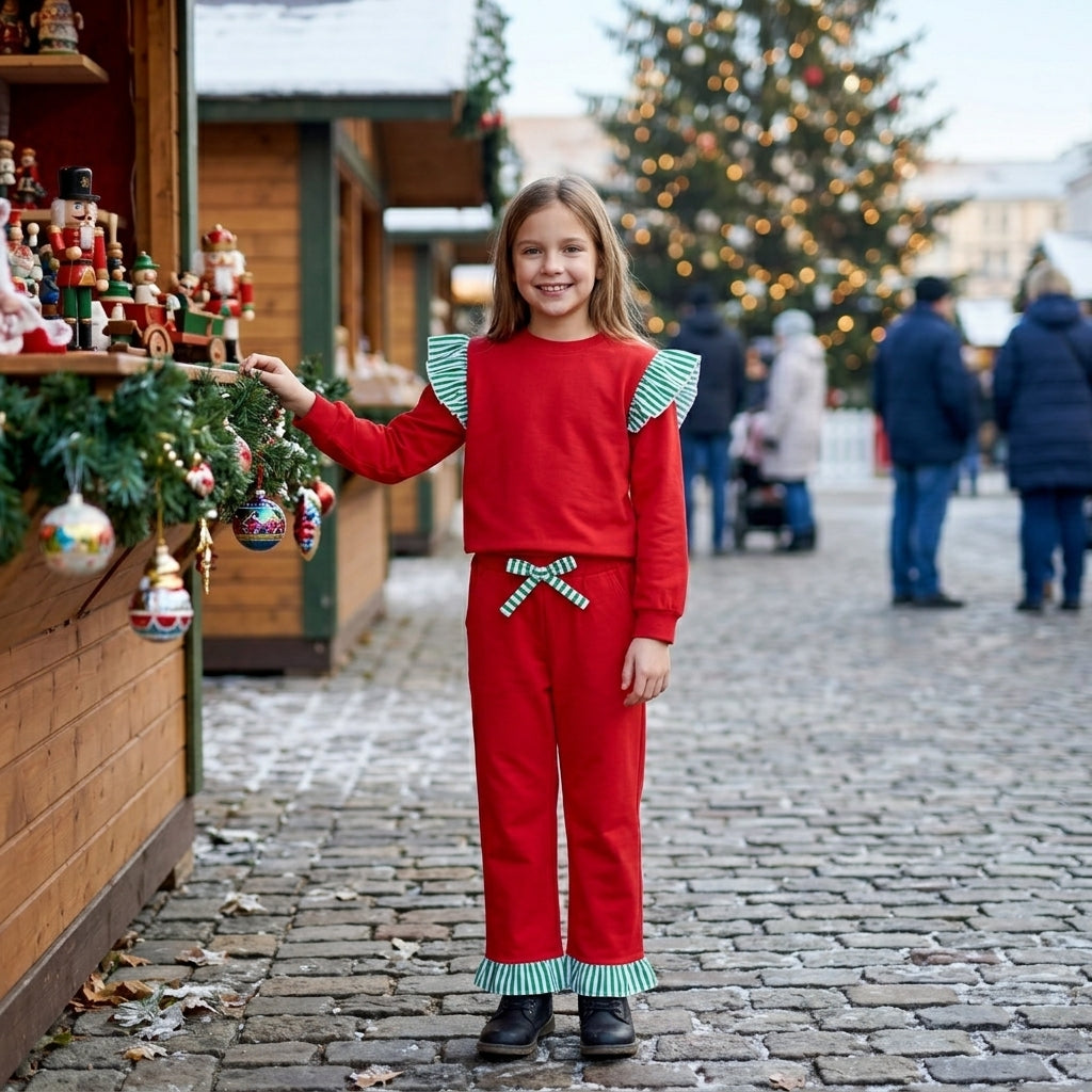 Baby Girls Red Green Stripe Shirt Top Pockets Ruffle Pant Clothes Set