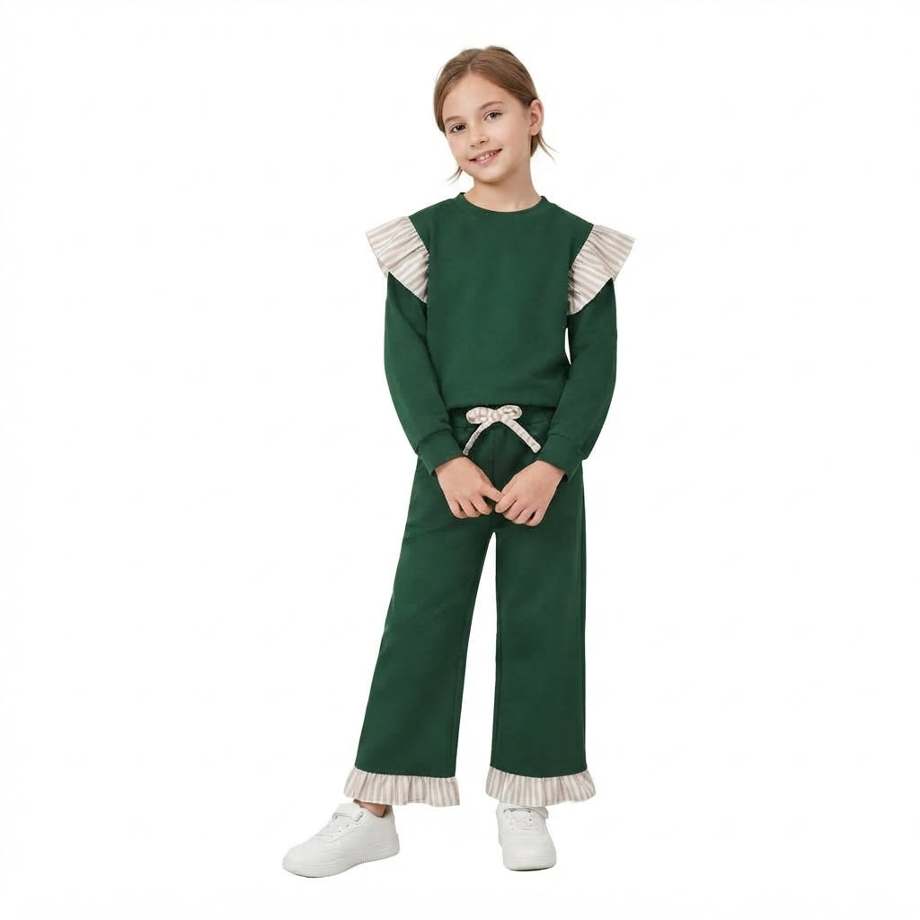Baby Girls Dark Green Stripe Shirts Top Pockets Ruffle Pant Clothes Set