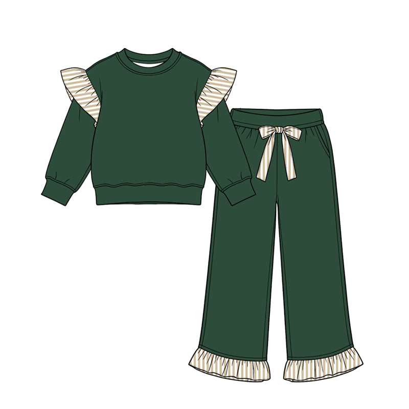Preorder moq 5 Baby Girls Green Stripe Flutter Sleeve Top Pockets Ruffle Pant Clothes Set