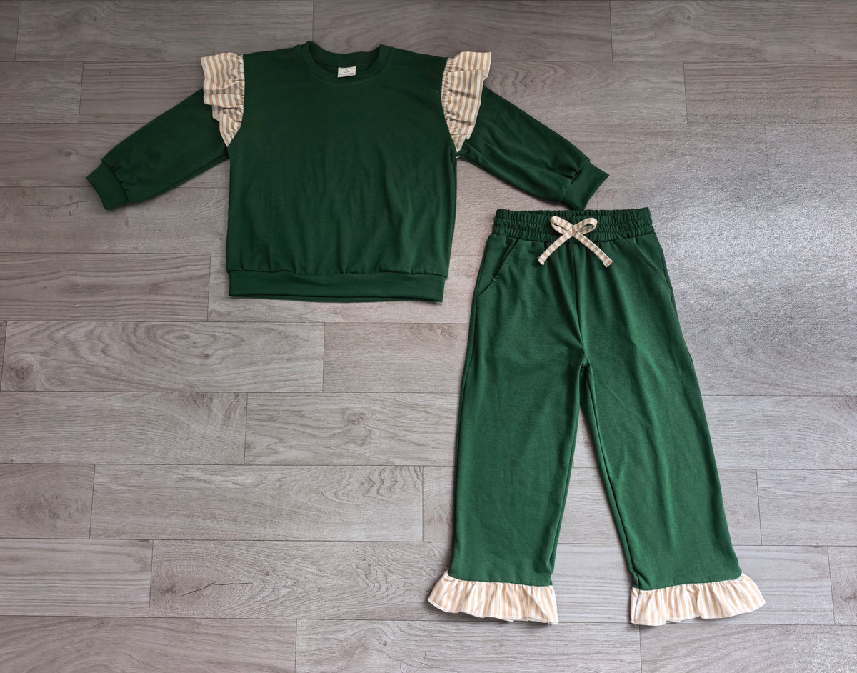 Baby Girls Green Stripe Flutter Sleeve Top Pockets Ruffle Pant Clothes Set Preorder