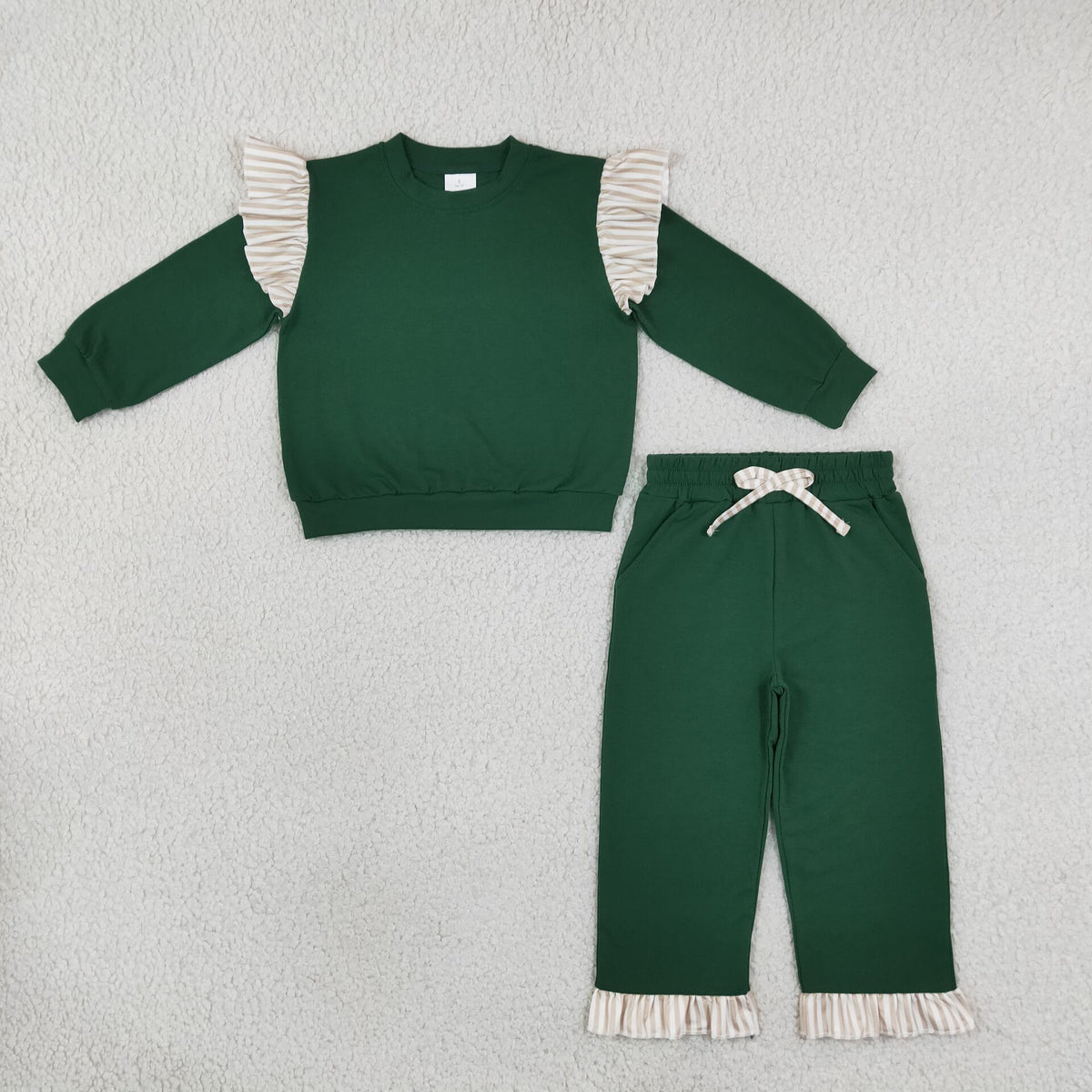 Baby Girls Dark Green Stripe Shirts Top Pockets Ruffle Pant Clothes Set