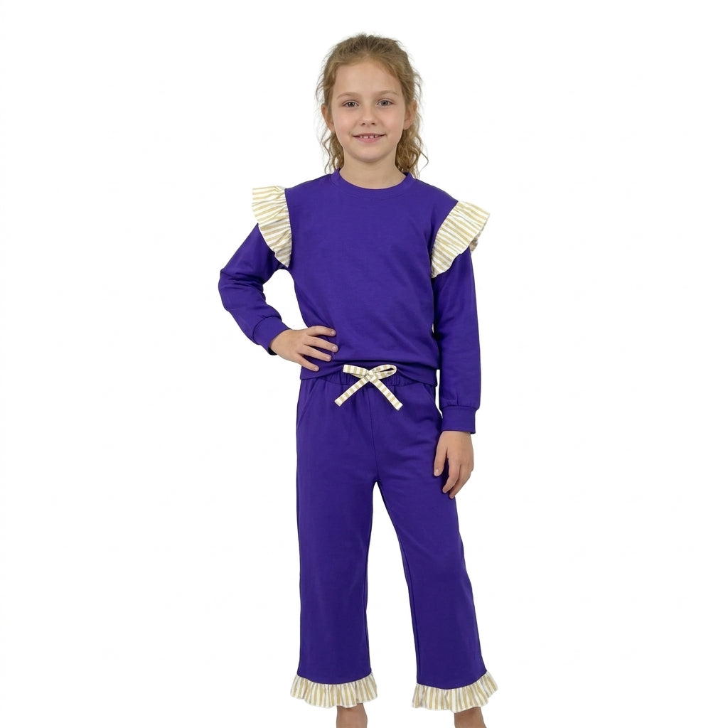 Baby Girls Purple Flutter Sleeve Top Pockets Ruffle Pant Clothes Set